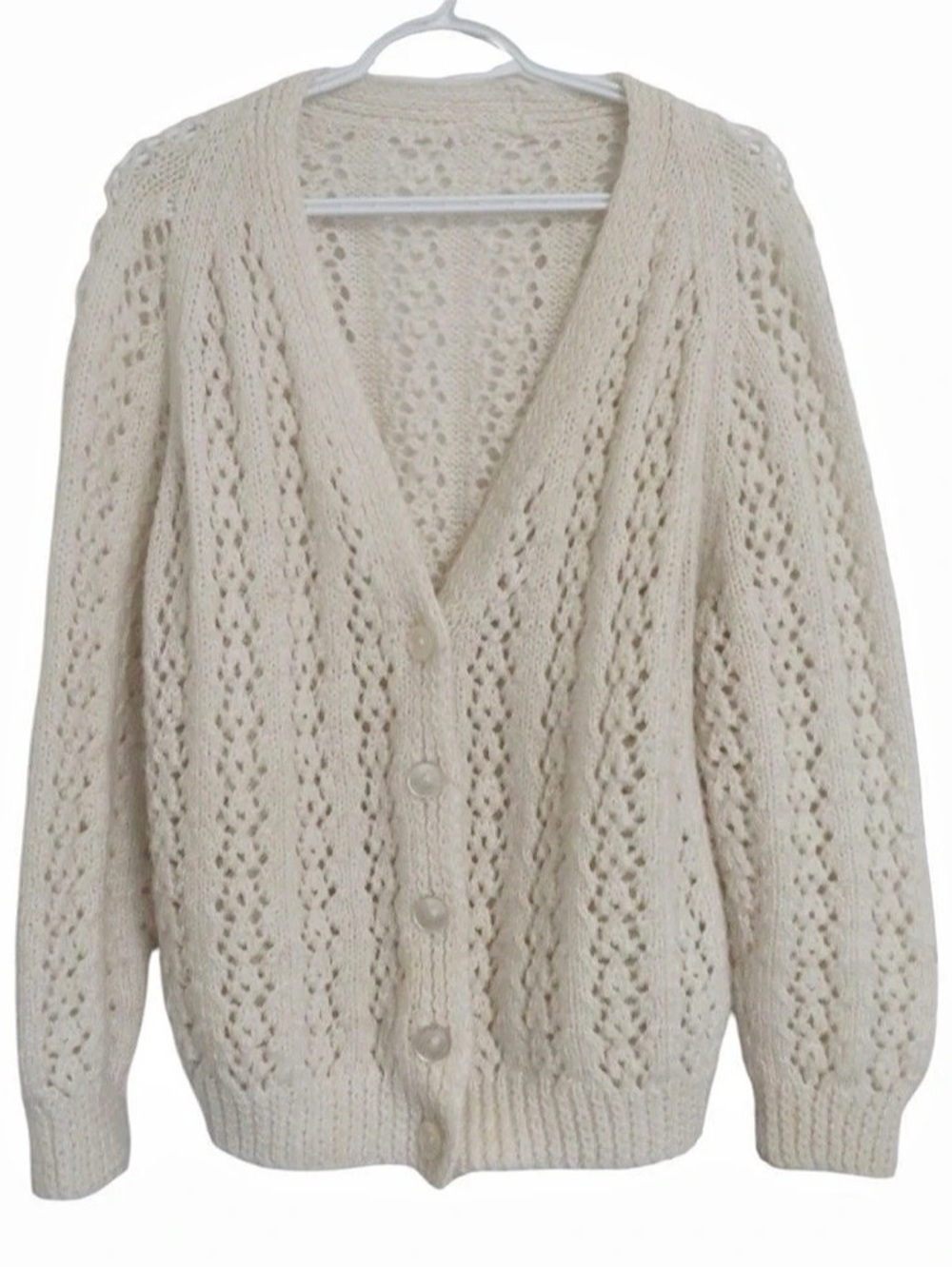 VTG Hand Knit Cream Pointelle Lace Cardigan Sweater M L
